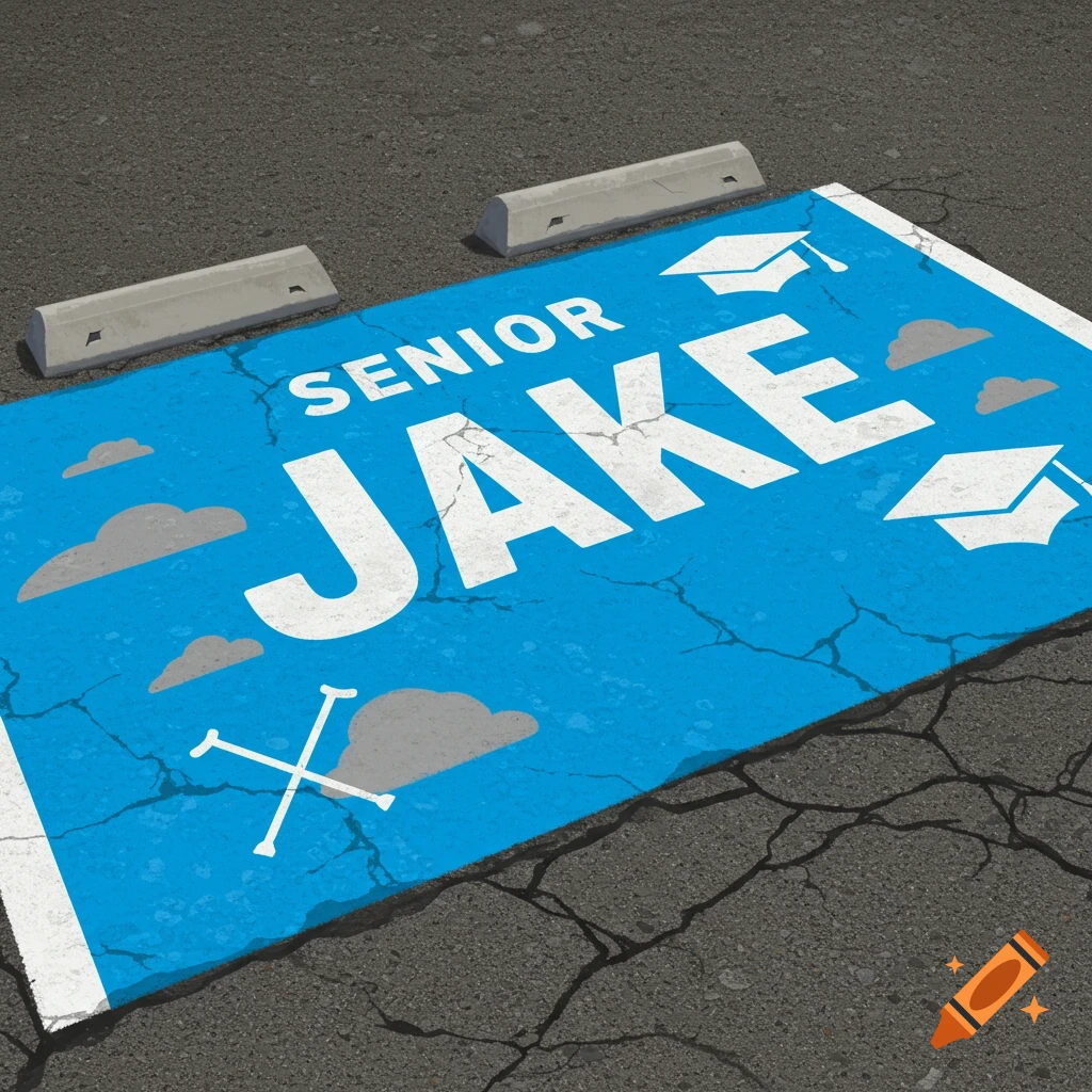 Painted senior parking space for Jake with graduation symbols on asphalt.