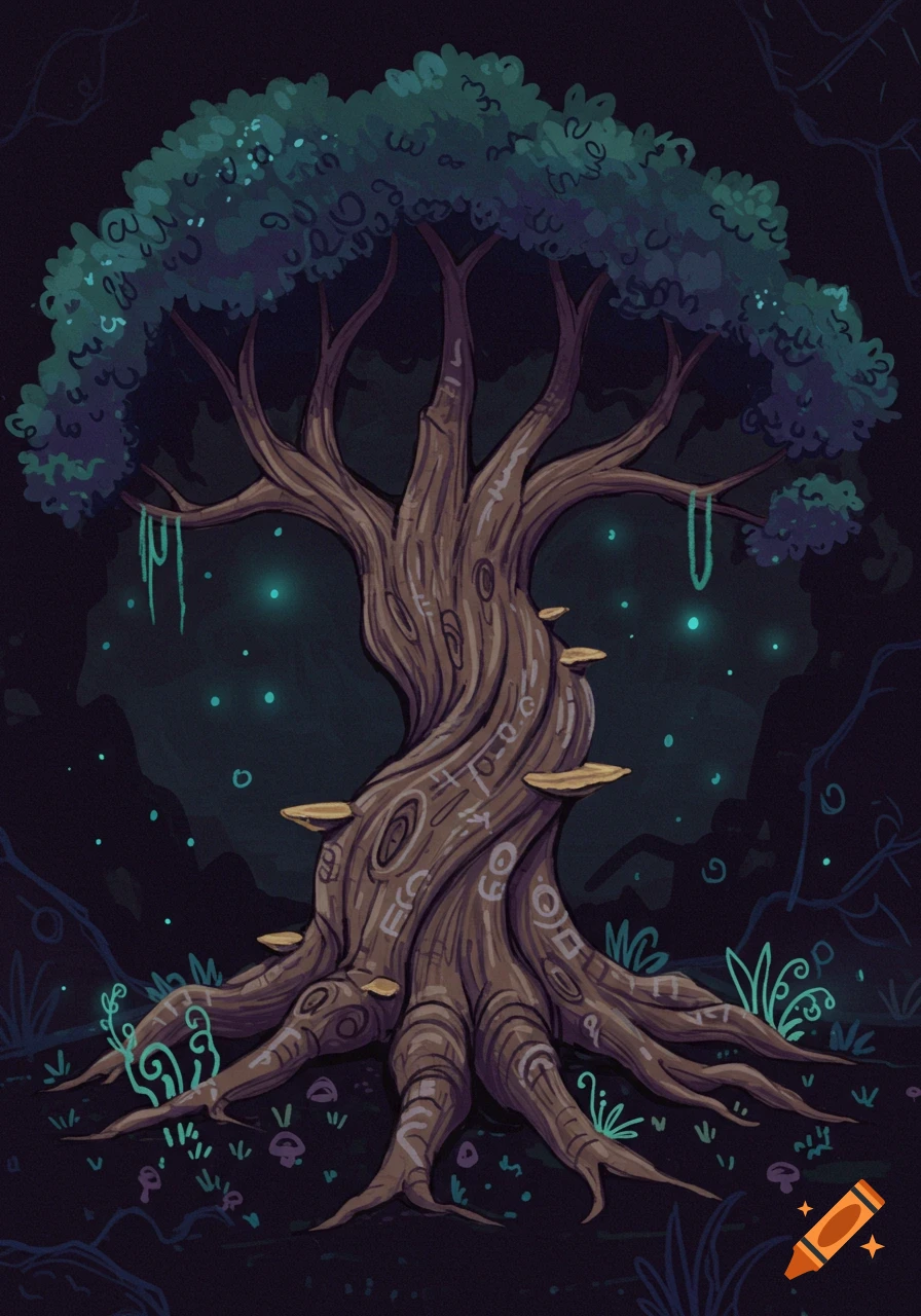 Childish pencil drawing of a gnarled tree with glowing runes in a dark fantasy forest.