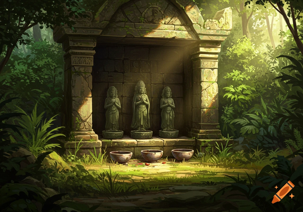 Three statues in a stone shrine in a lush jungle with sunlight filtering through trees.