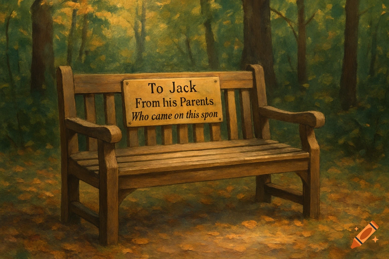 A wooden park bench sits in an autumn forest, with a plaque on the backrest.