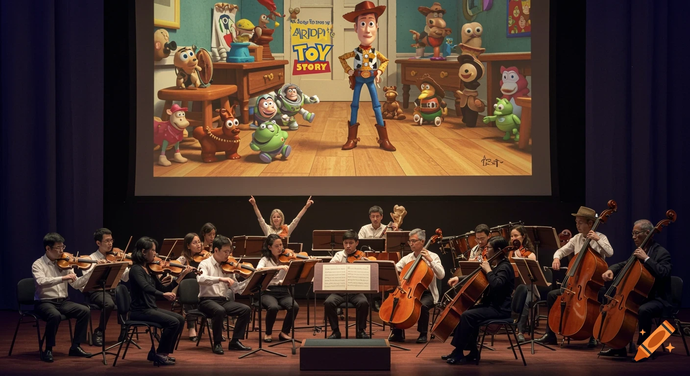 A concert orchestra performs on a stage in front of a large screen displaying characters from the movie Toy Story.