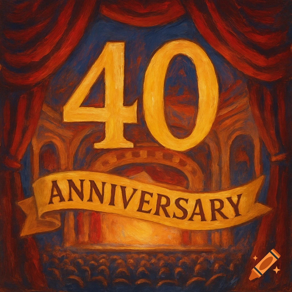 The number 40 and an anniversary banner on a stage with red curtains and audience, in a painterly style.