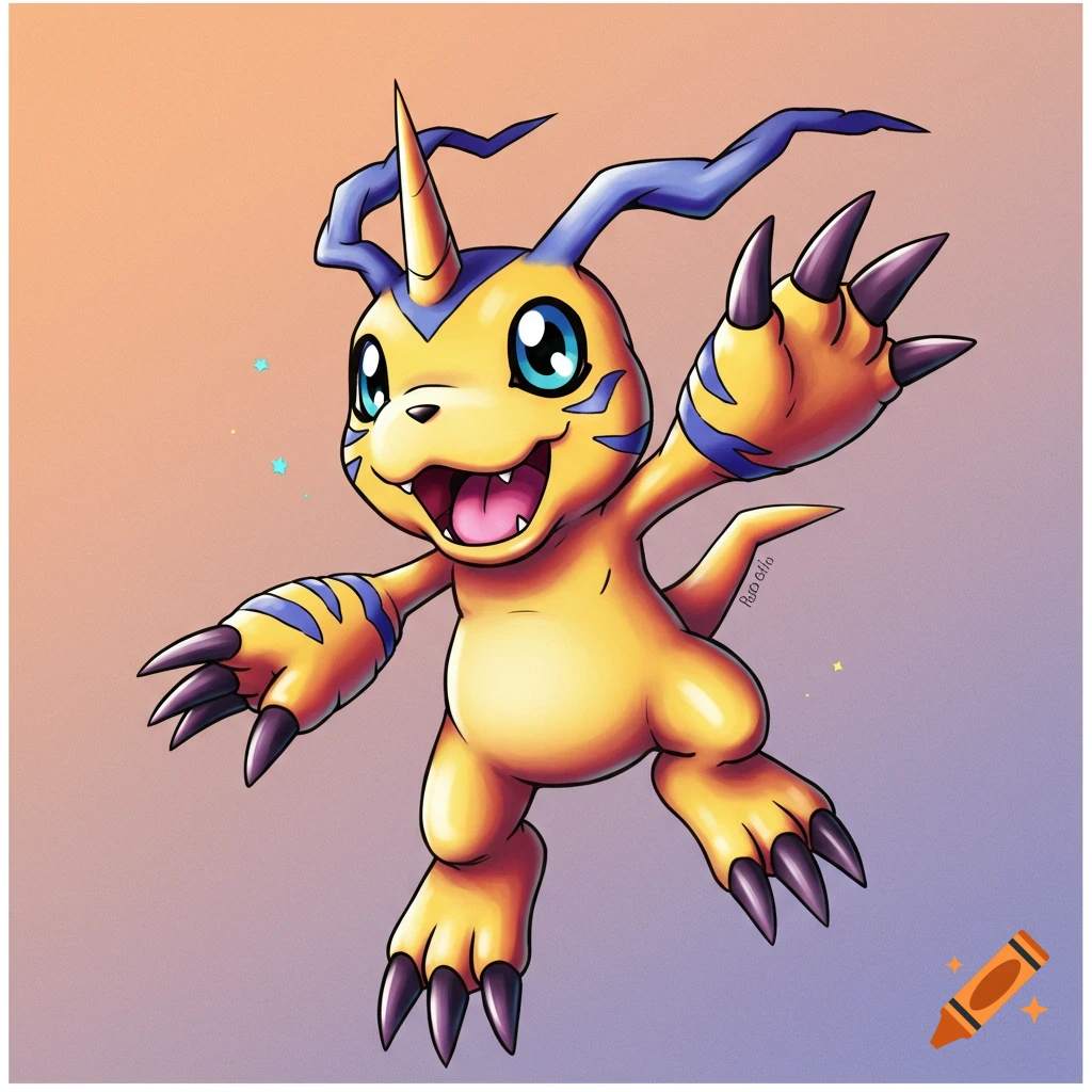Gammamon from Digimon Ghost Game jumping happily