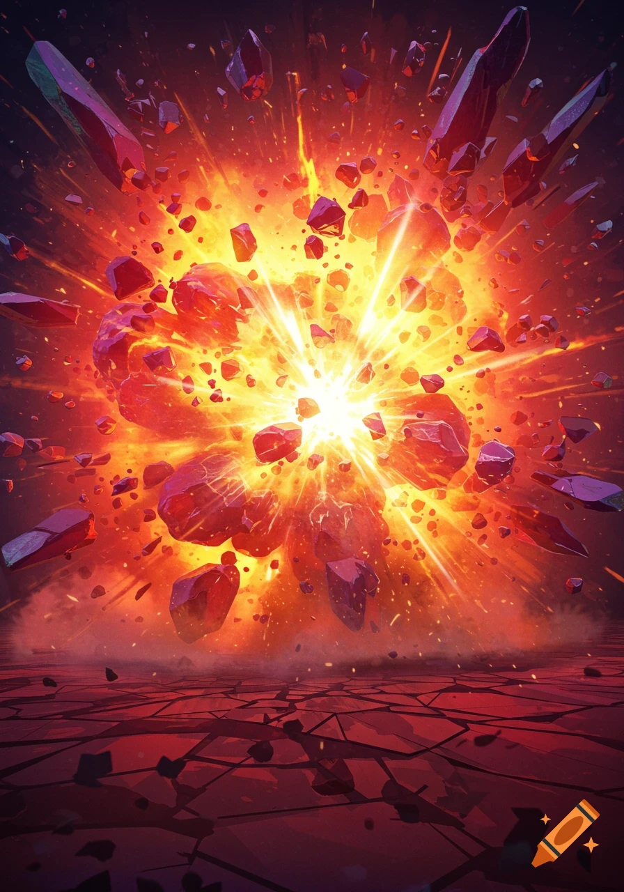 An explosion of red rocks with a bright yellow light