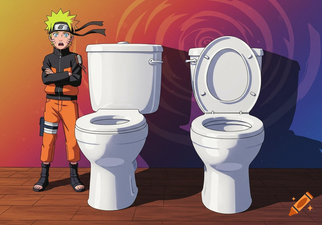 Cartoon depiction of Naruto standing between two white toilets.