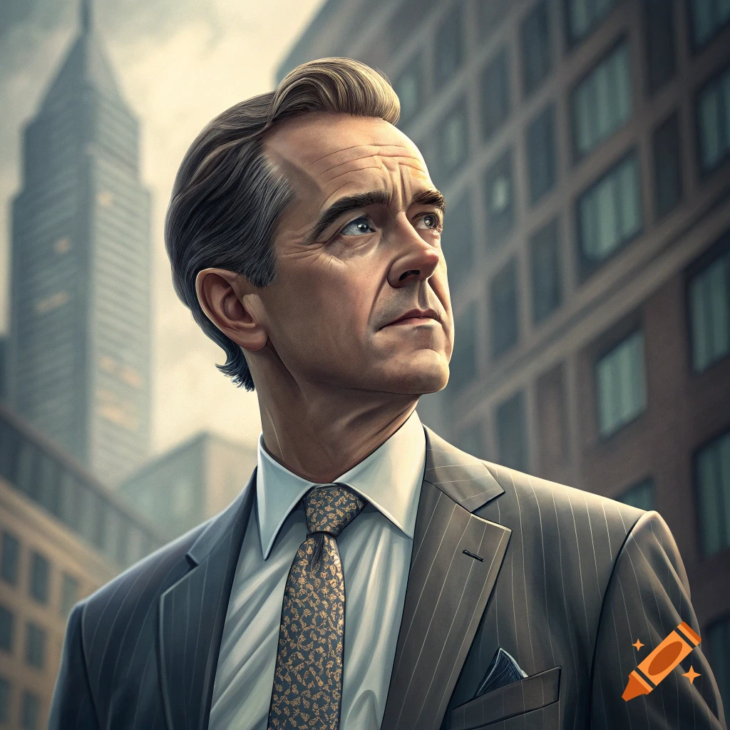 Portrait of a man in a suit looking upwards, with city buildings in the background.
