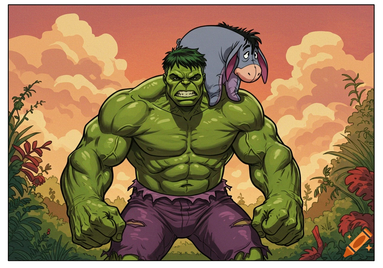 The Incredible Hulk carrying Eeyore on his shoulder, in a comic book style.