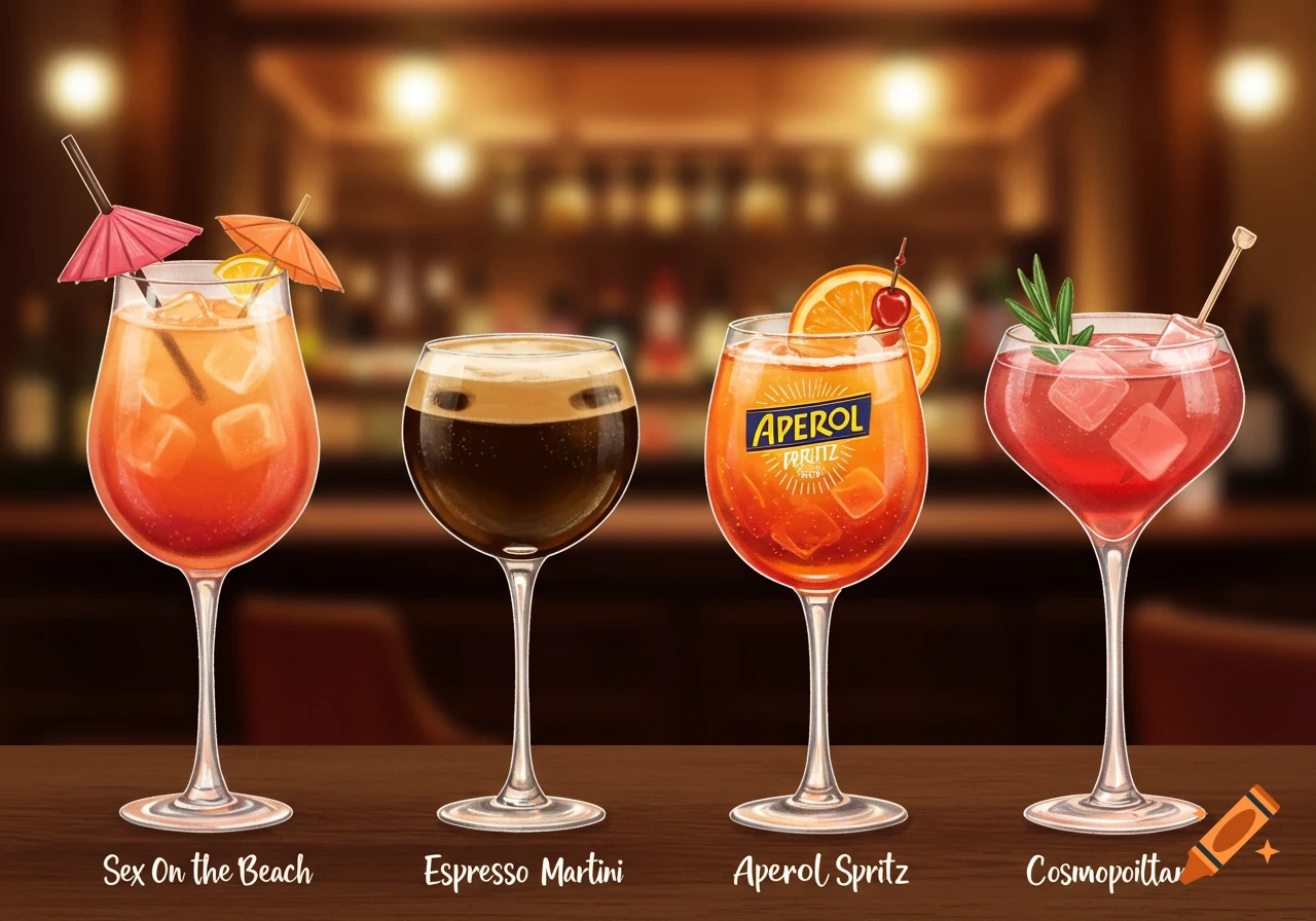 Four cocktails on a bar counter, including Sex On the Beach, Espresso Martini, Aperol Spritz, and Cosmopolitan, in an illustration style.