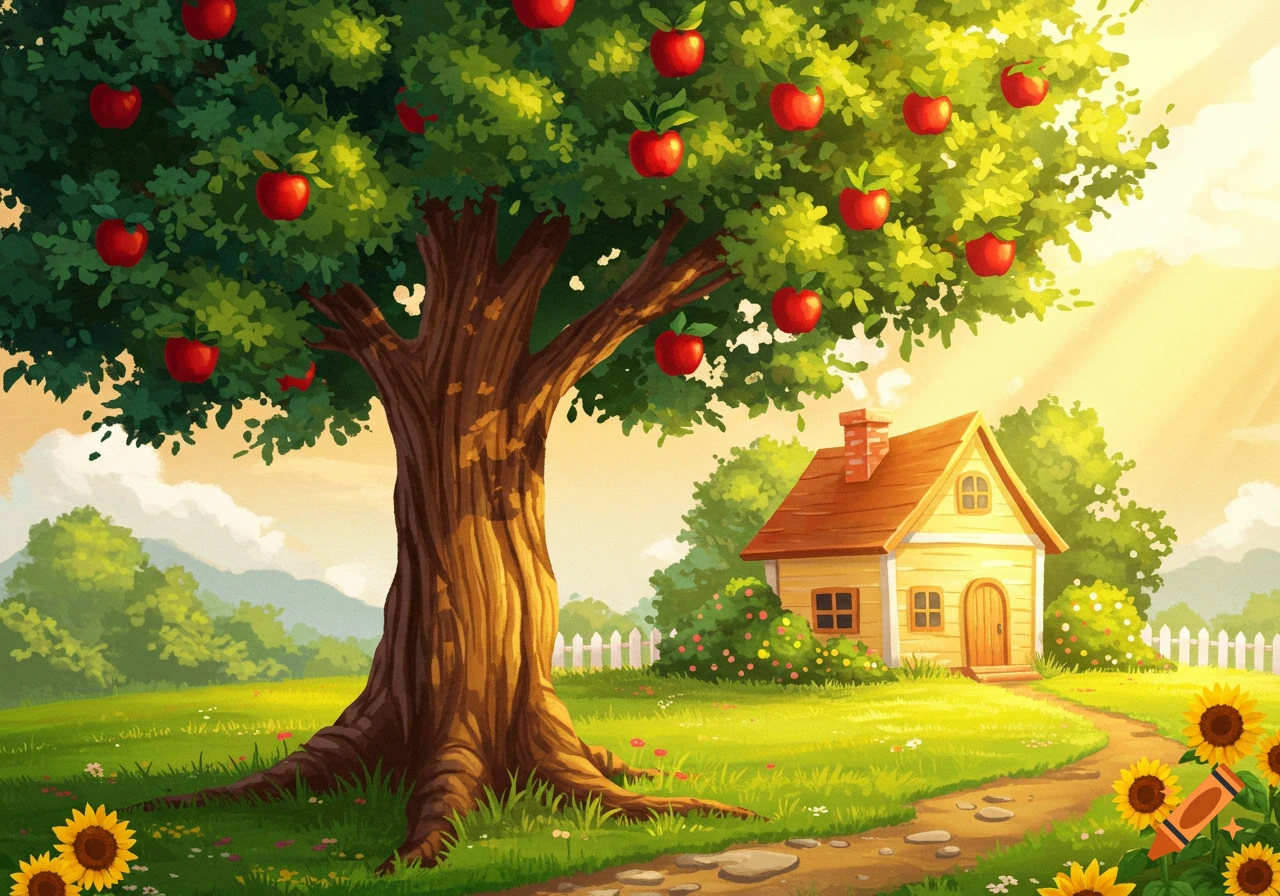 A brightly lit illustration of a large apple tree next to a small cottage with sunflowers and a path in a grassy field.