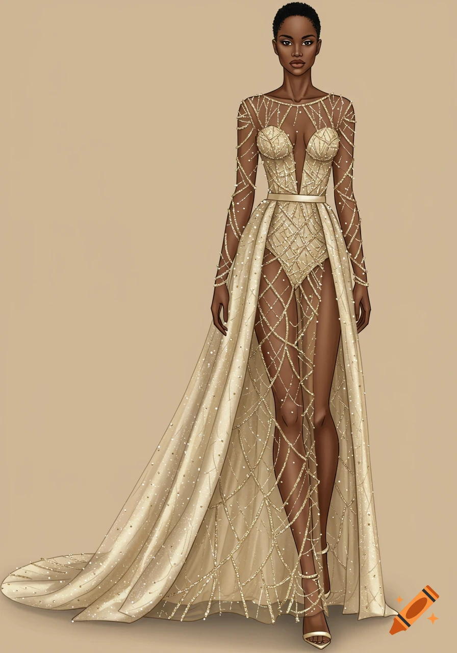 Fashion illustration of a woman in a sheer, gold beaded gown with a high slit and long train.