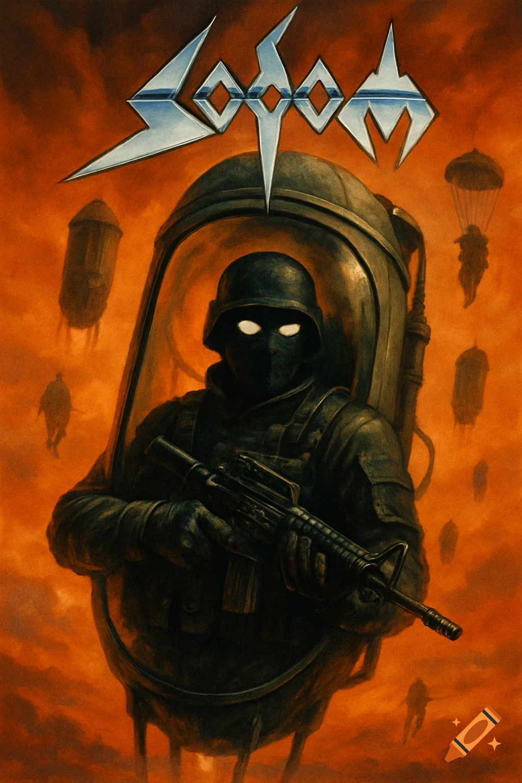 Illustration of a soldier in a helmet and mask with glowing eyes holding a rifle under the Sodom band logo in an orange sky with parachutists.