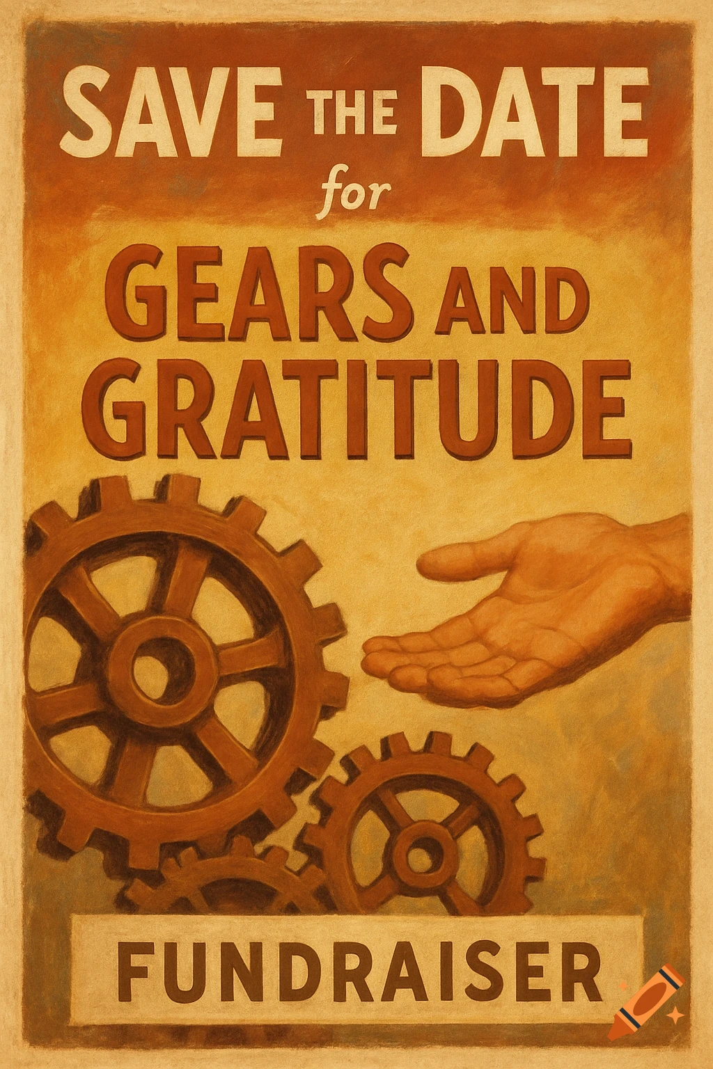 Vintage style poster promoting a Gears and Gratitude fundraiser, featuring gears and a hand.
