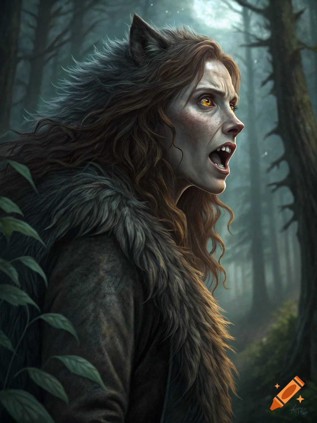 Realistic painting of a woman turning into a werewolf in a dark forest.