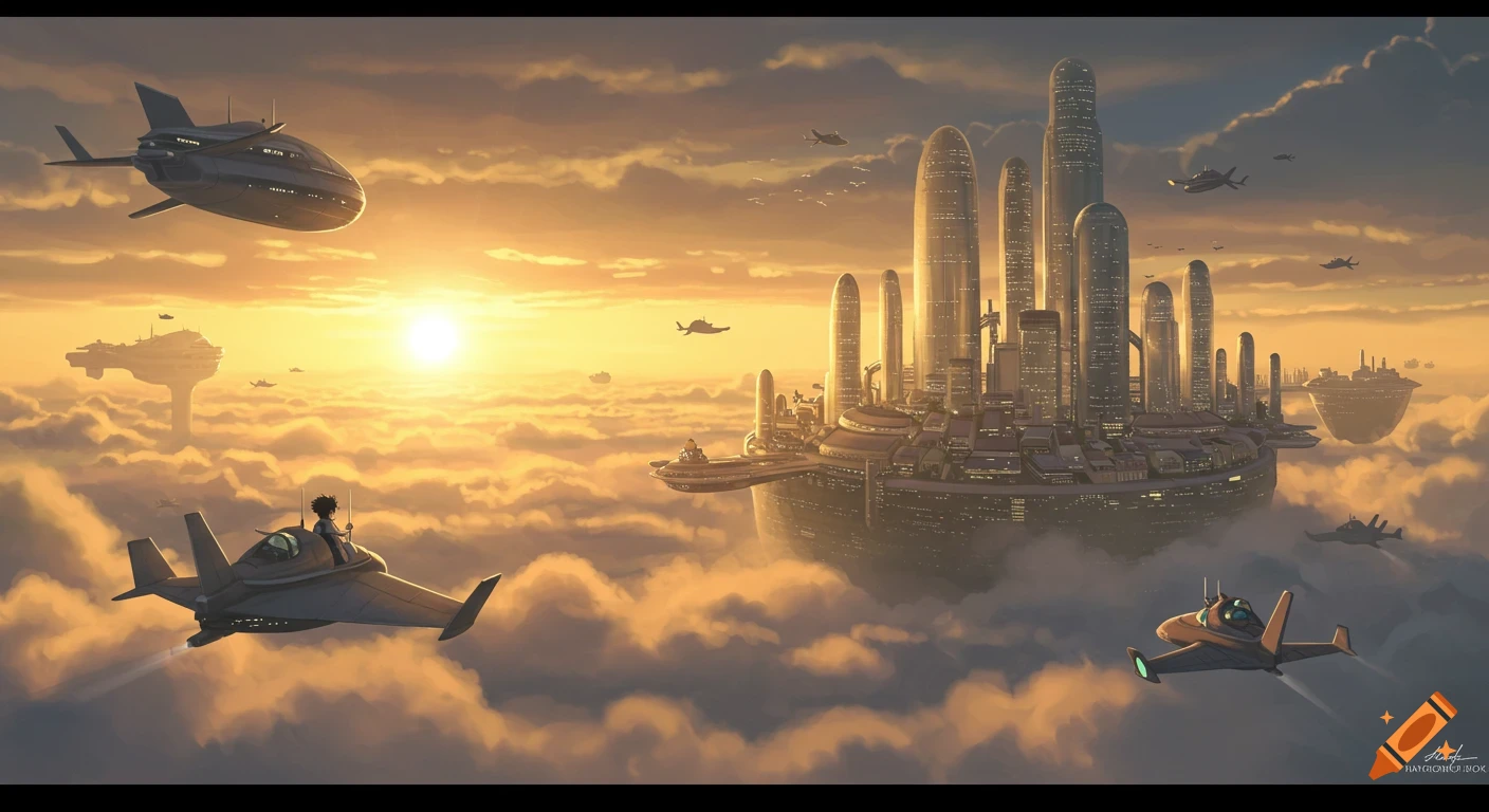 An illustrated futuristic city floating above clouds at sunset with ...