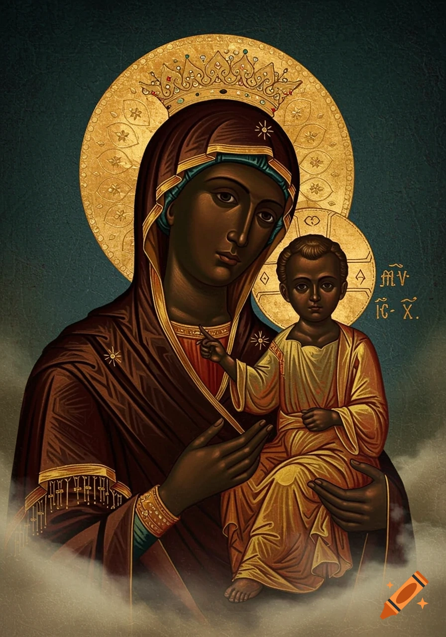 Religious icon of the Black Madonna holding baby Jesus in a classical style.