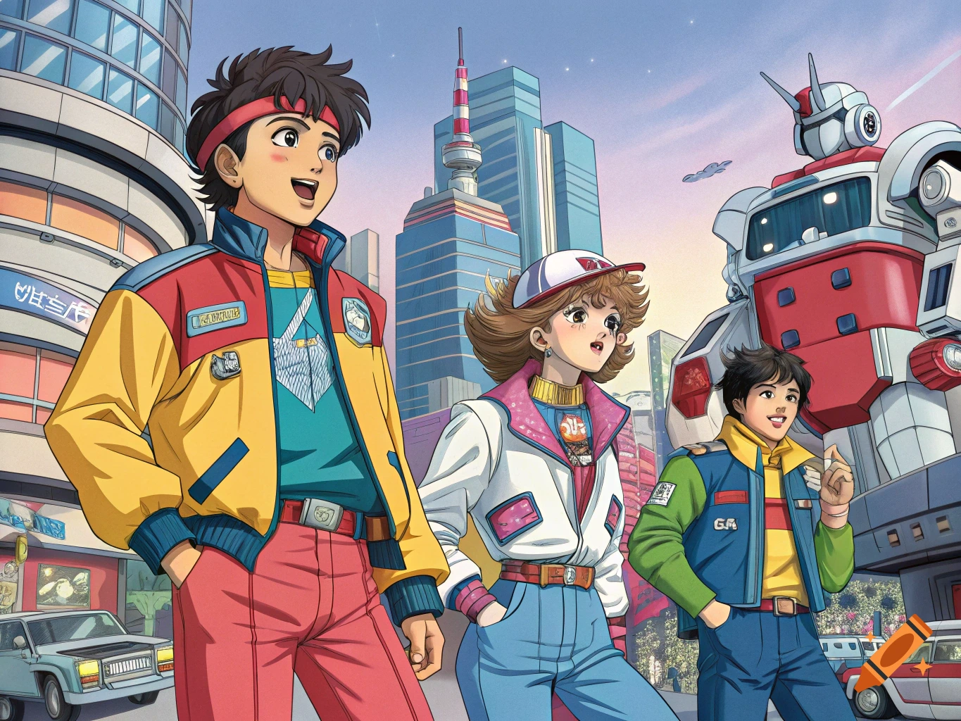 Three people and a robot in 1980s clothing stand in a city street, anime style.