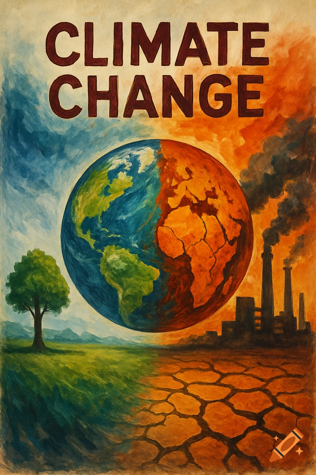 Painted climate change poster showing a split Earth, green with a tree vs. dry with factories. Text: CLIMATE CHANGE.
