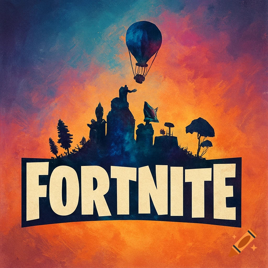Stylized Fortnite logo with a landscape featuring mountains, trees, and a hot air balloon above the text.