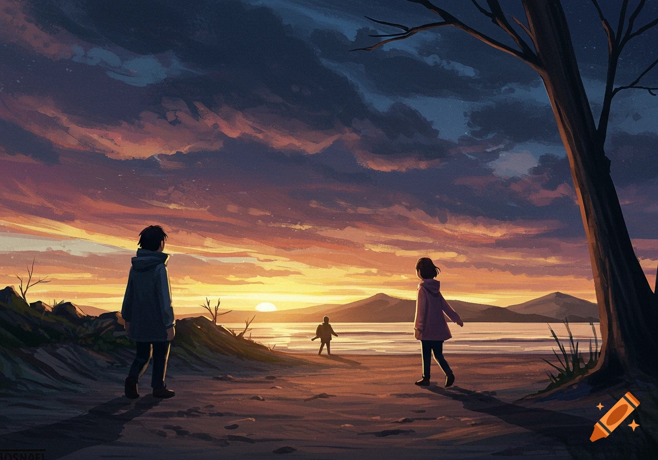 Two figures watch a third figure in the distance during a dramatic sunset over water in an anime style.