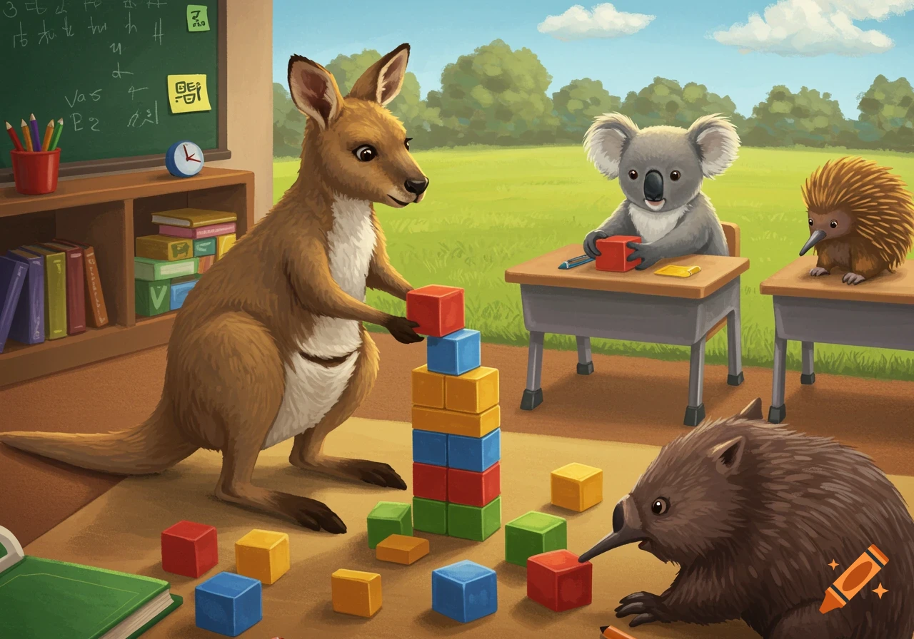 A kangaroo, koala, echidna, and wombat build a tower with blocks in a classroom in a children's book illustration.