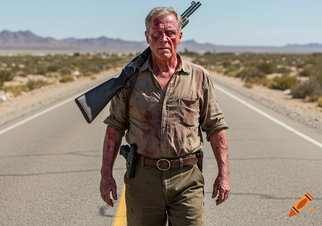 Injured man with a shotgun walks on a desert road.