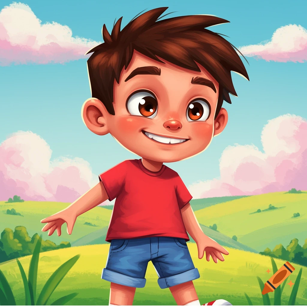 A cartoon boy with brown hair and a red shirt smiles, standing in a grassy field under a blue sky with pink clouds.