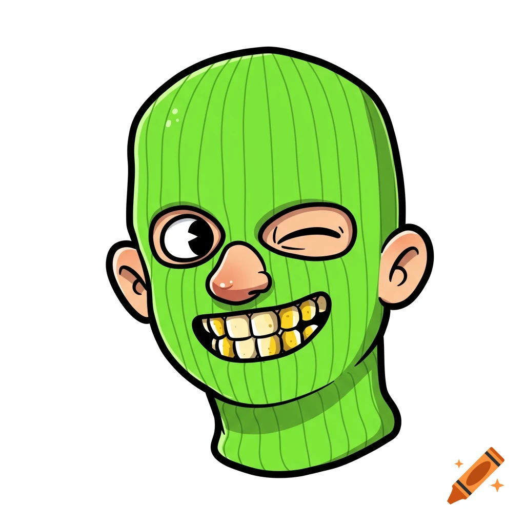 A cartoon head wearing a green ski mask and smiling to show gold teeth.