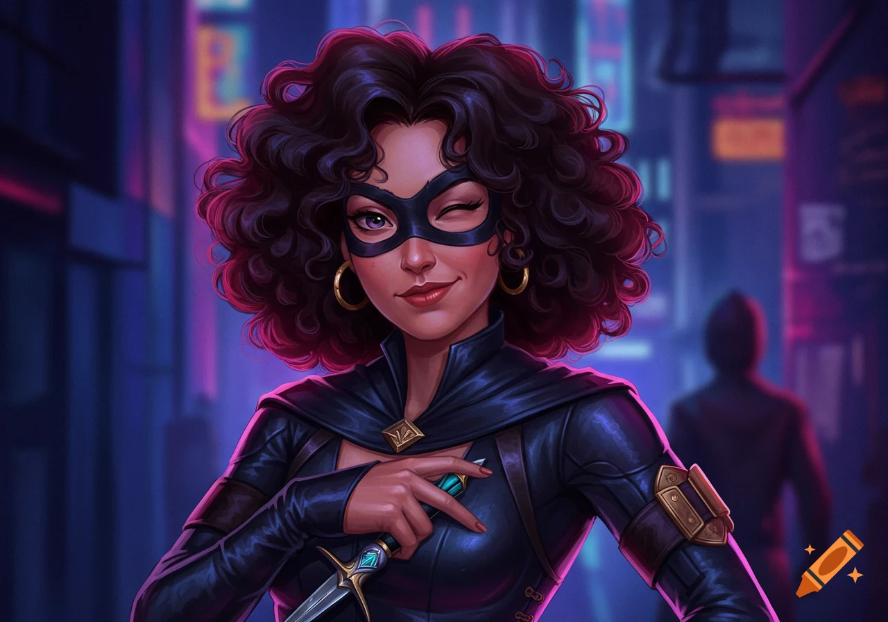 Illustrated portrait of a winking masked lady thief holding a dagger against a neon cityscape.