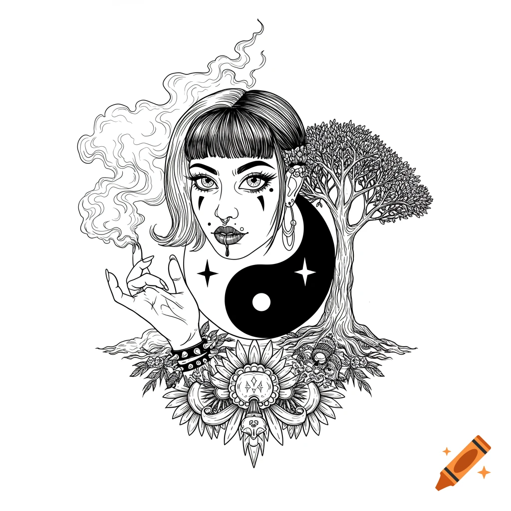 A black and white line art illustration of a woman with alternative makeup, a yin-yang, tree, and flowers.
