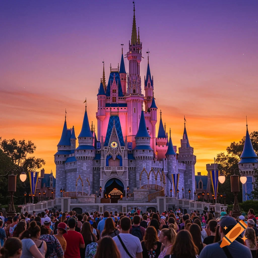 Cinderella Castle is illuminated at sunset, with a crowd gathered in the foreground. The sky is painted in shades of purple, pink, and orange.