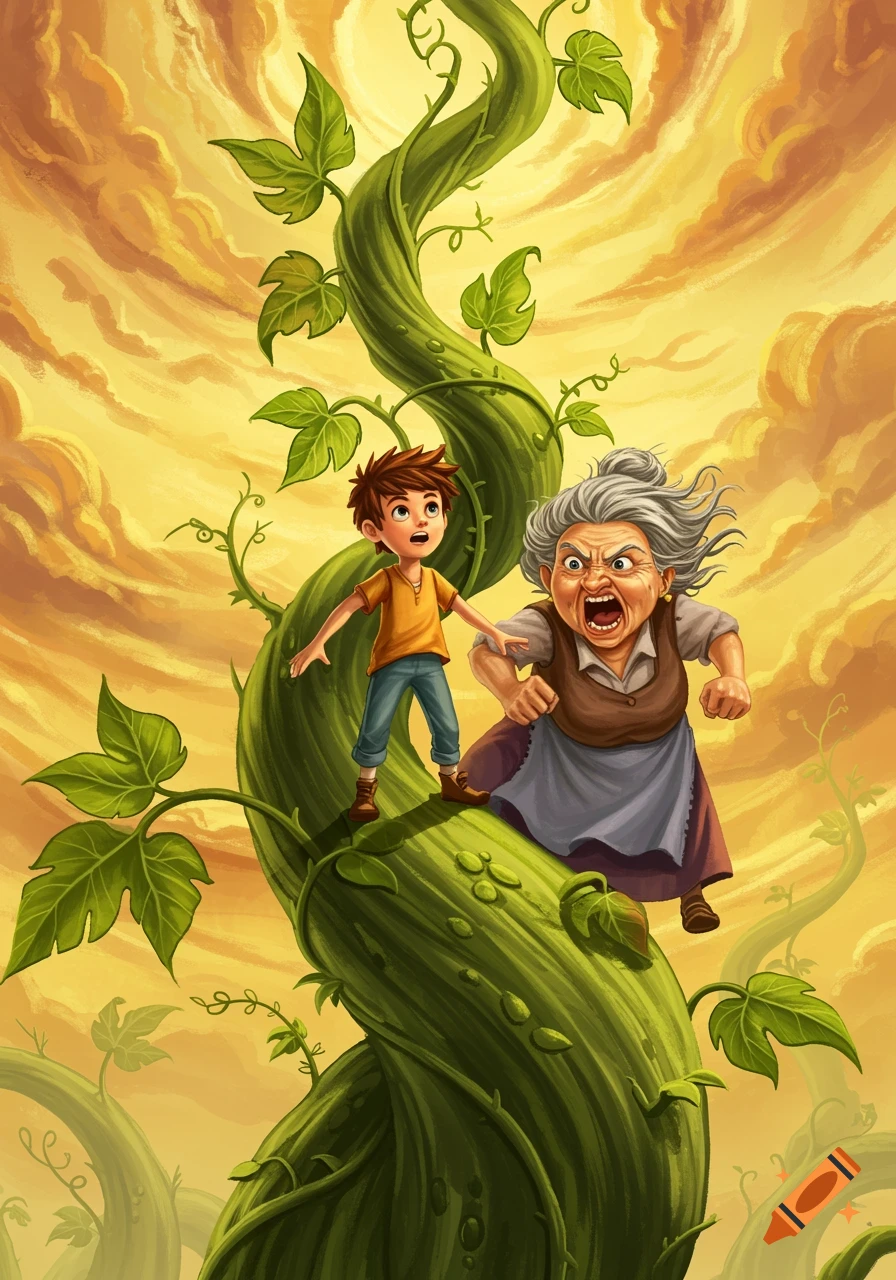 Illustration of a boy and an angry old woman climbing a giant beanstalk into a golden sky.