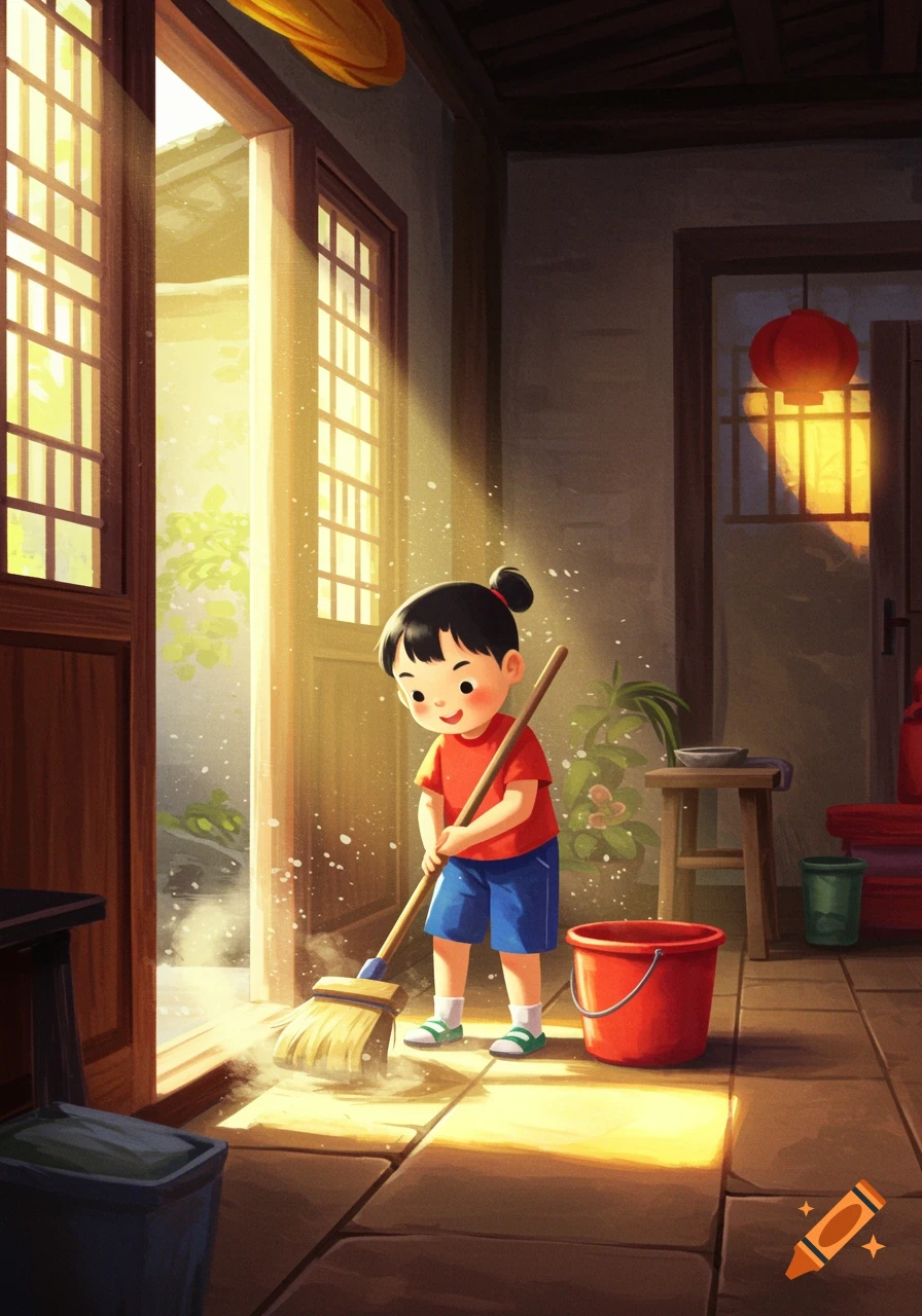 Illustration of a child sweeping dust motes in a sunbeam inside a traditional house.