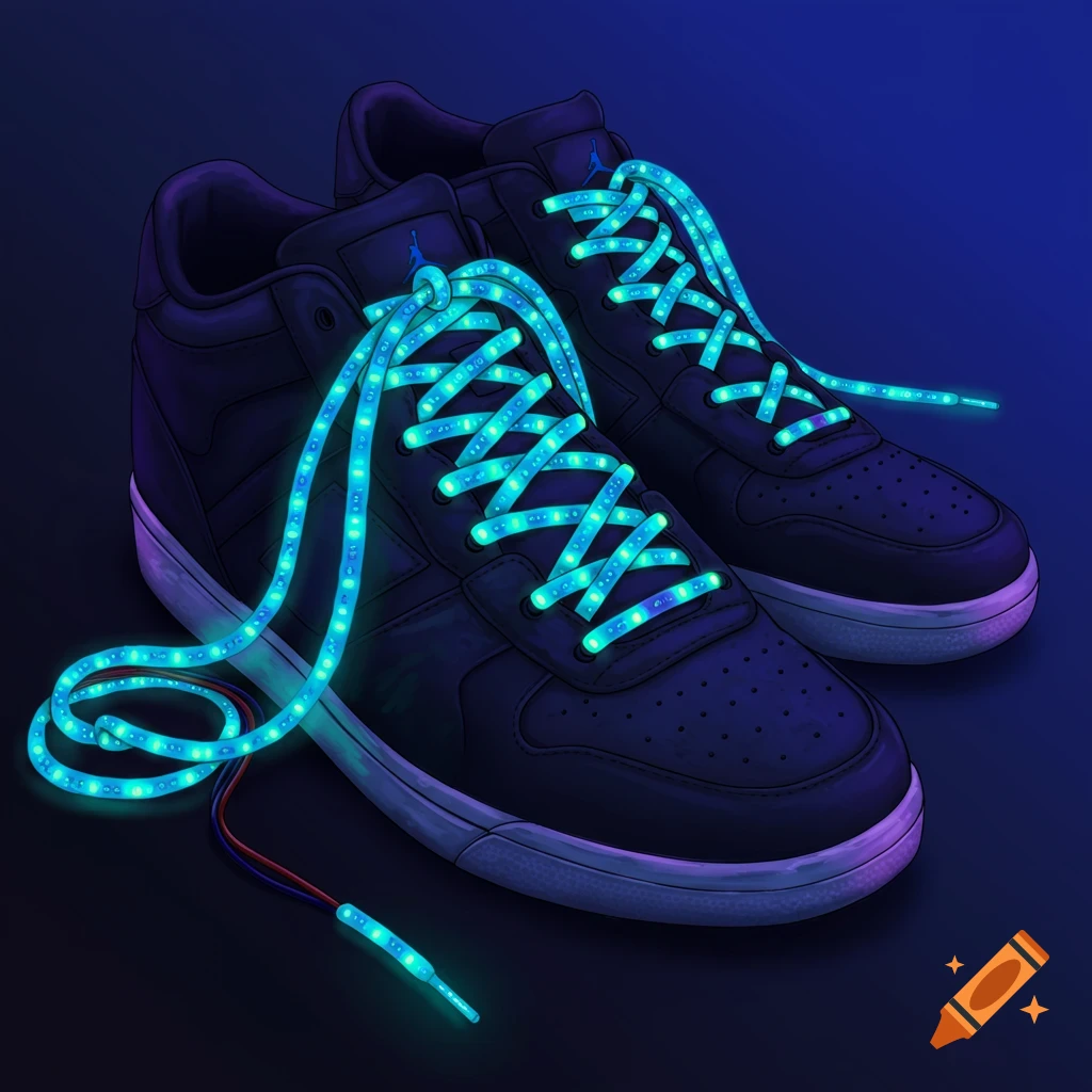 Pair of black sneakers with bright blue glowing LED shoelaces.