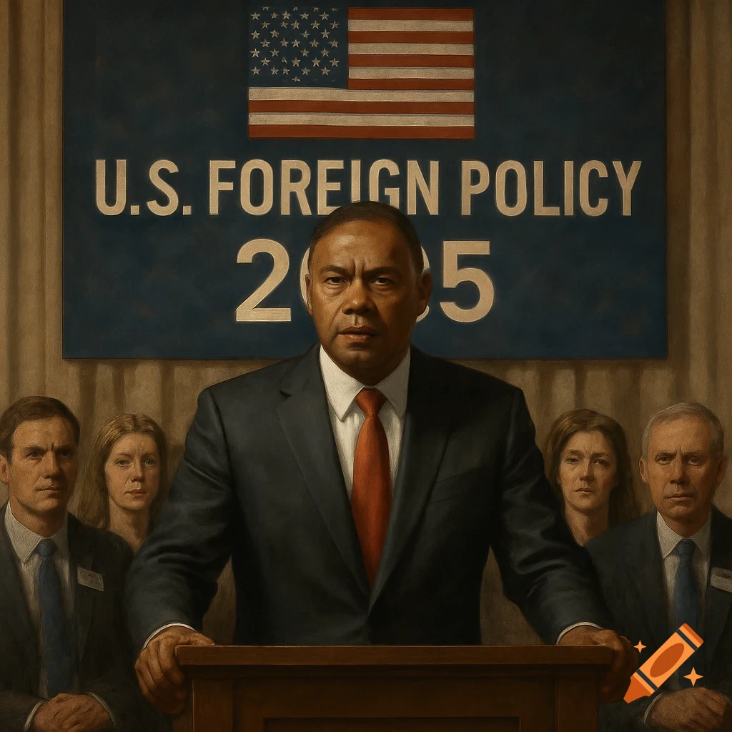 Painting of a man speaking at a podium with others behind him, a sign reading "U.S. FOREIGN POLICY 2025", and an American flag.