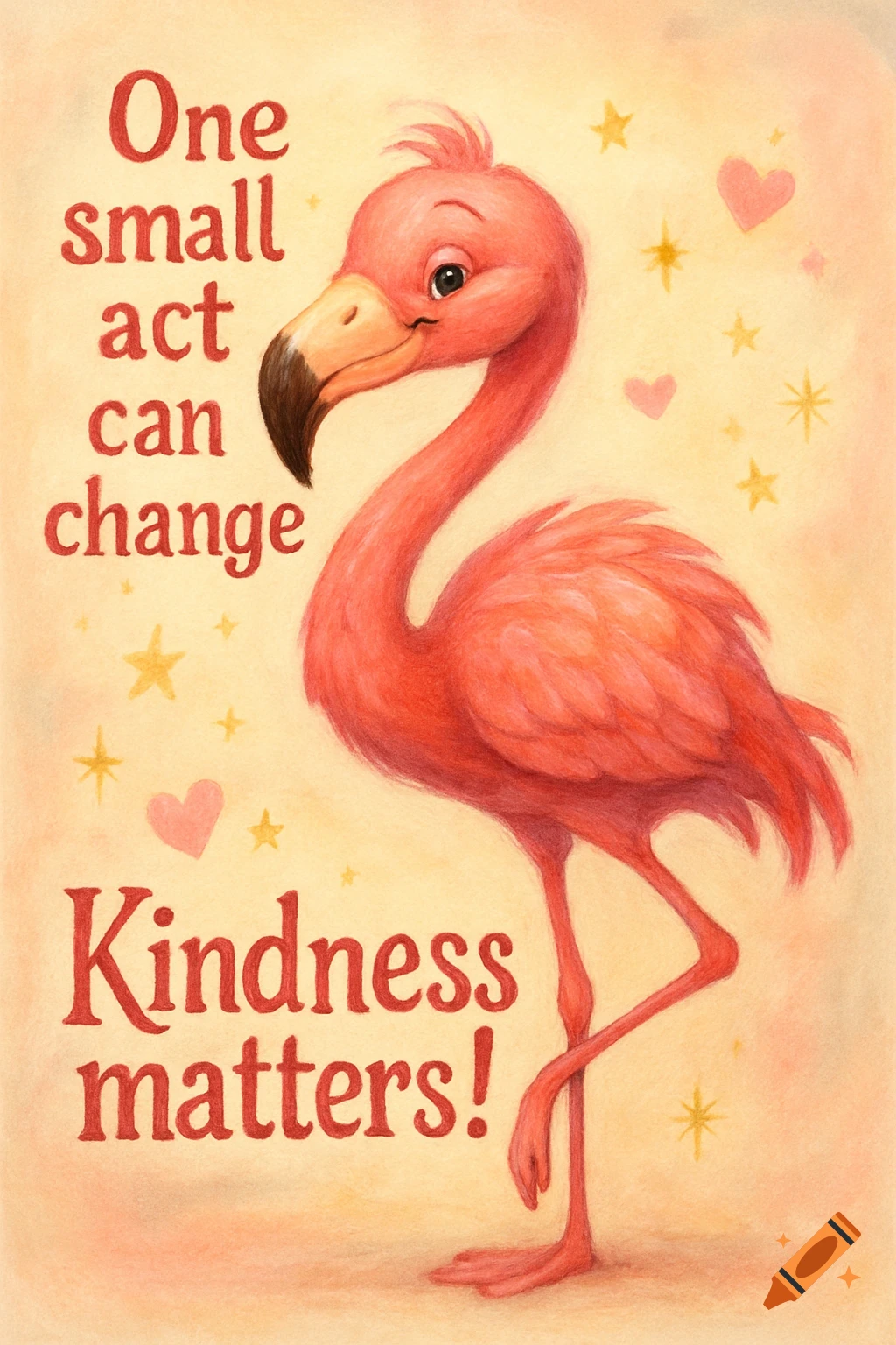 Whimsical pink flamingo with text 'One small act can change Kindness matters!', decorated with hearts and stars.