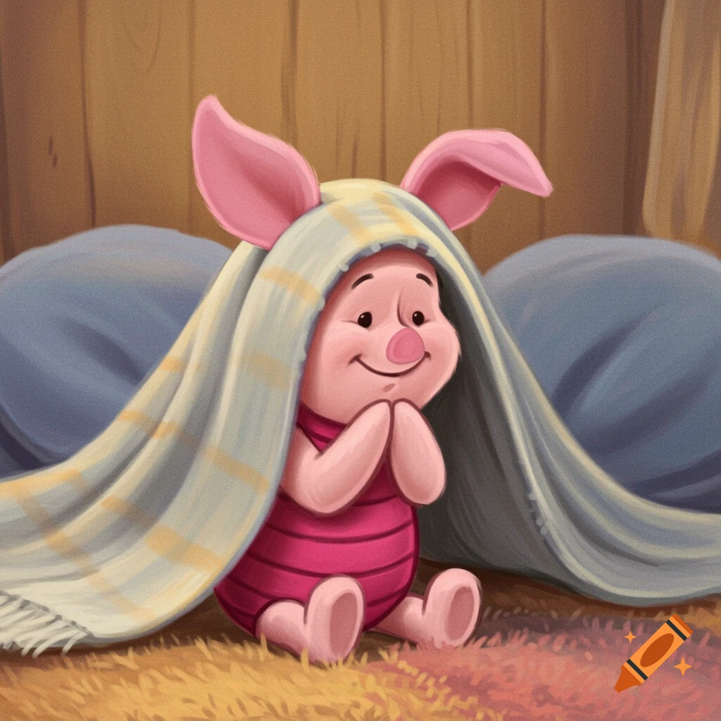 Cartoon Piglet sitting under a blanket