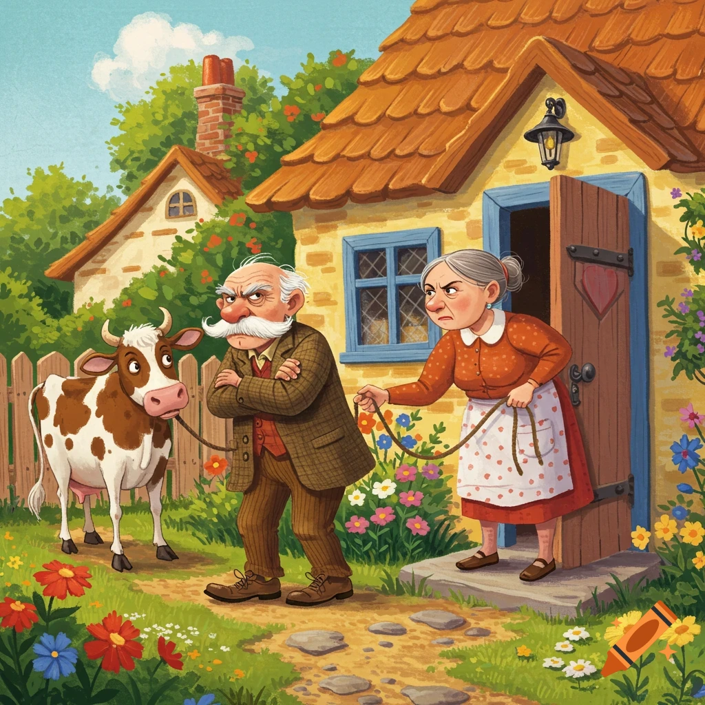 An illustration of a grumpy old man being led from a cottage with a cow by his wife.