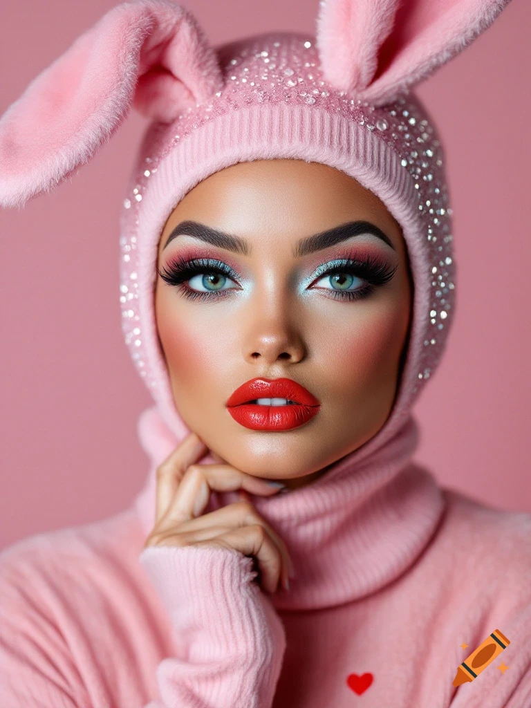 Portrait of woman in pink bunny hat, dramatic makeup, and sweater with a red heart.