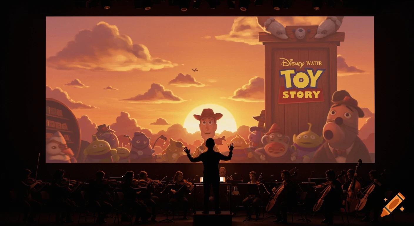 Silhouette orchestra plays in front of a screen showing a Toy Story scene with characters and title during sunset.