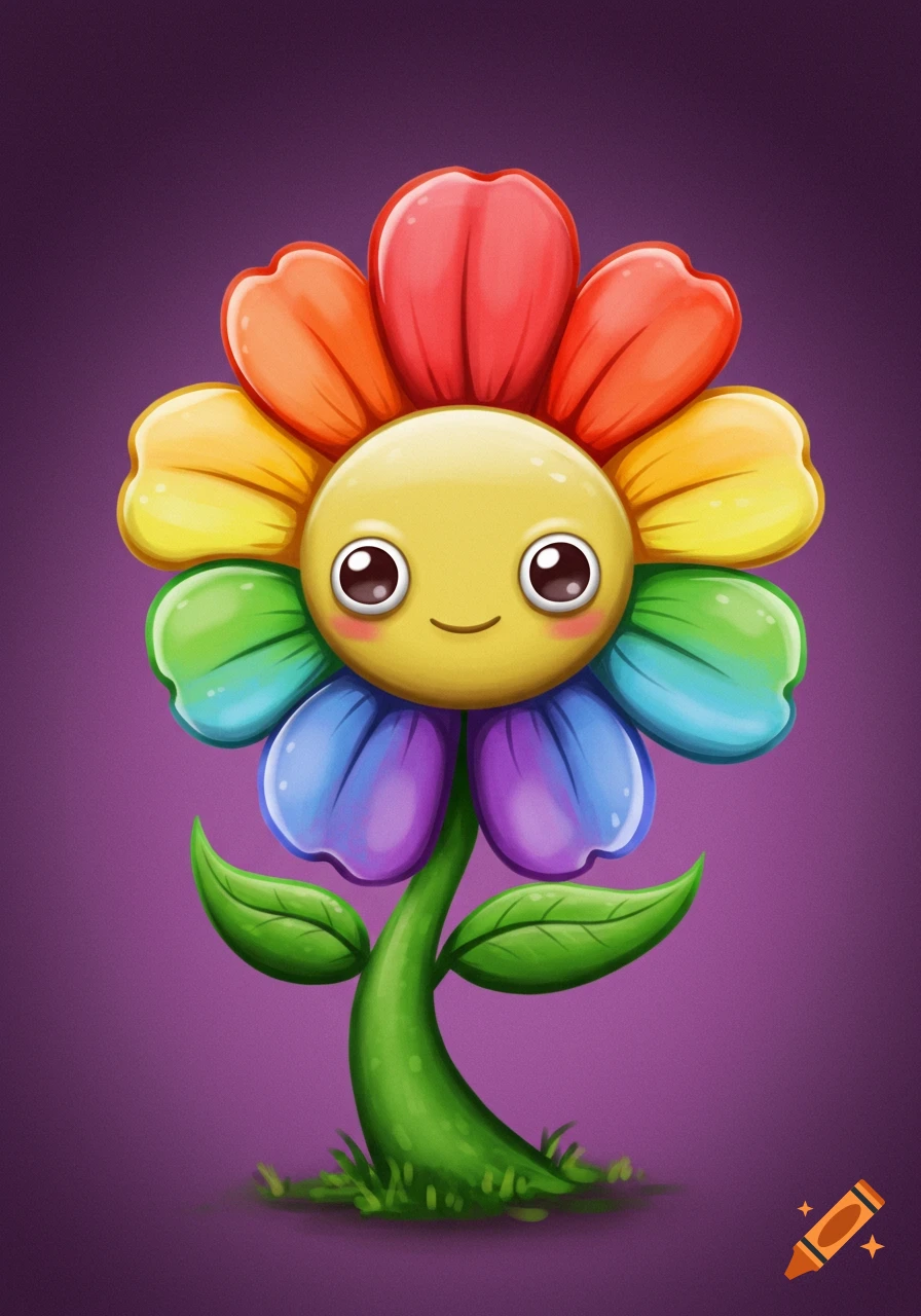 A cartoon rainbow flower with a smiling face and big eyes.