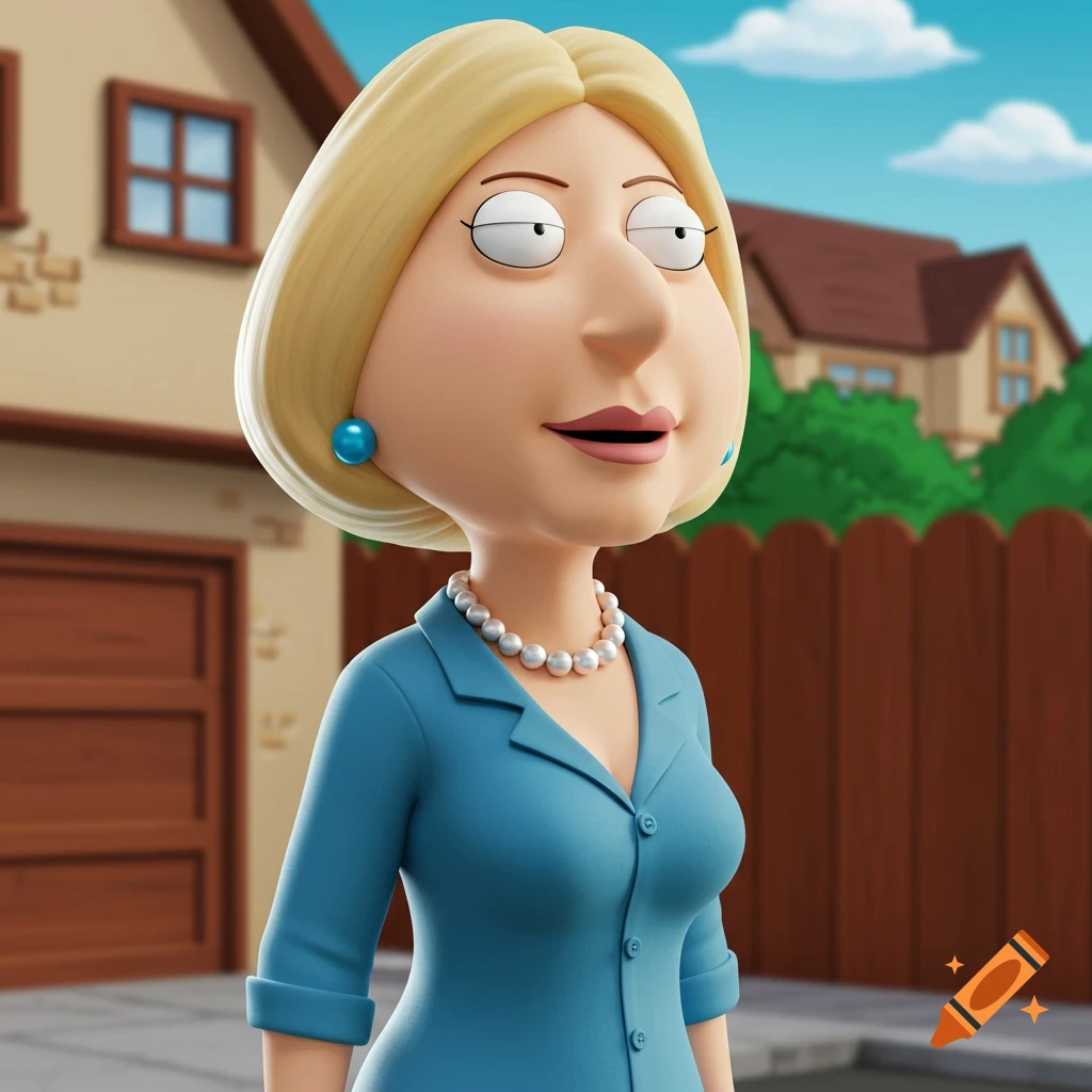 3D rendering of Lois Griffin from Family Guy in a blue suit and pearl necklace