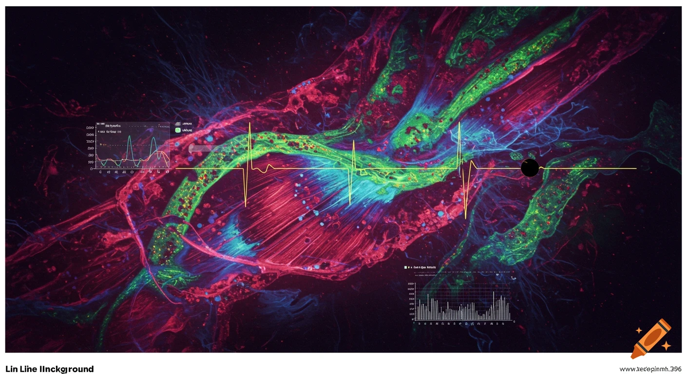 Abstract microscopic view of glowing biological structures with superimposed ECG waves and data graphs.