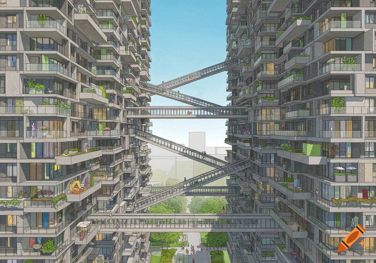 Architectural illustration of two tall apartment buildings connected by multiple pedestrian bridges.