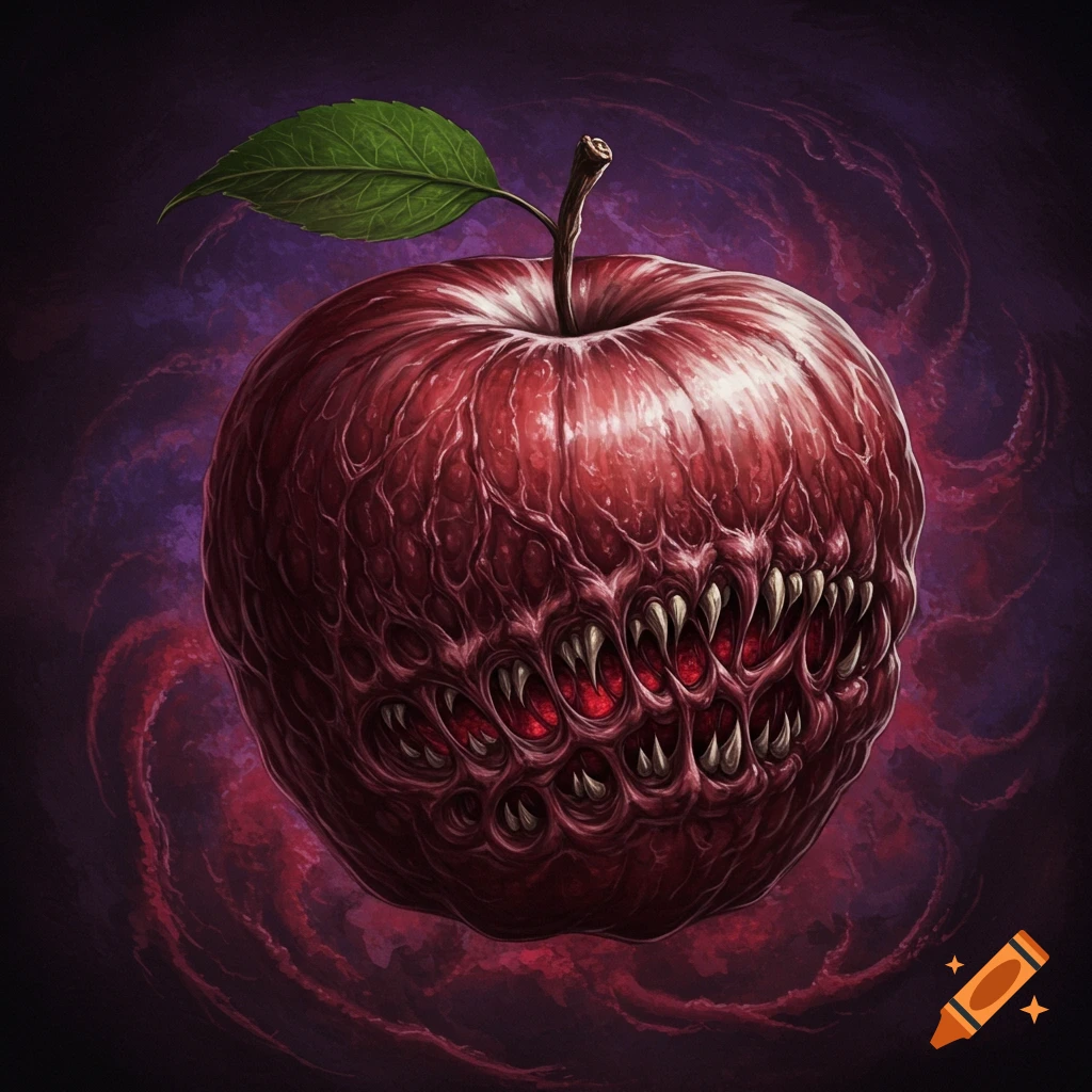 A terrifying red apple covered in teeth and fleshy texture.