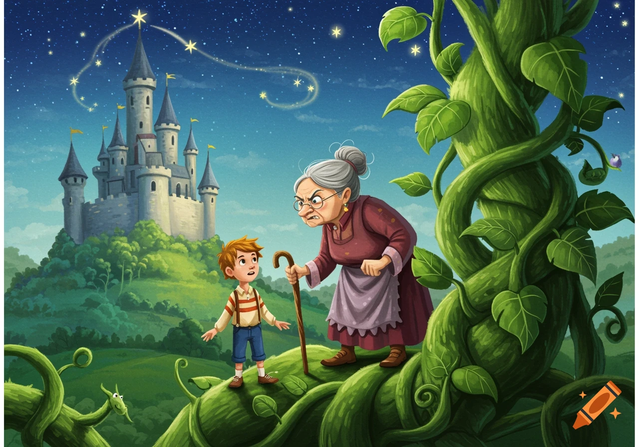 Illustration of a boy and angry old woman on a giant beanstalk, with a castle under a starry sky.