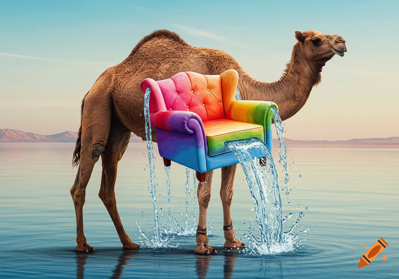 A camel stands in water with a rainbow armchair on its back, pouring water from the seat. Desert landscape in the background.