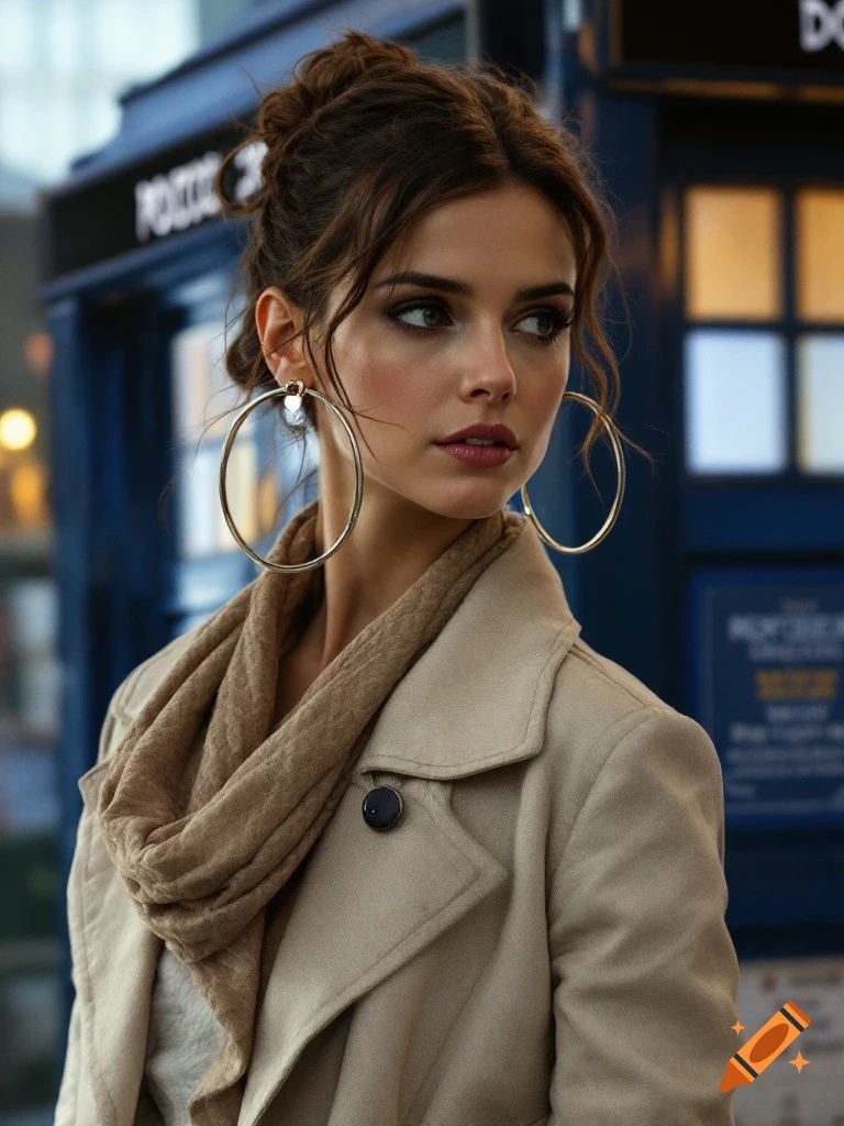 Realistic photo of a woman in a coat and scarf with large earrings standing near a blue police box