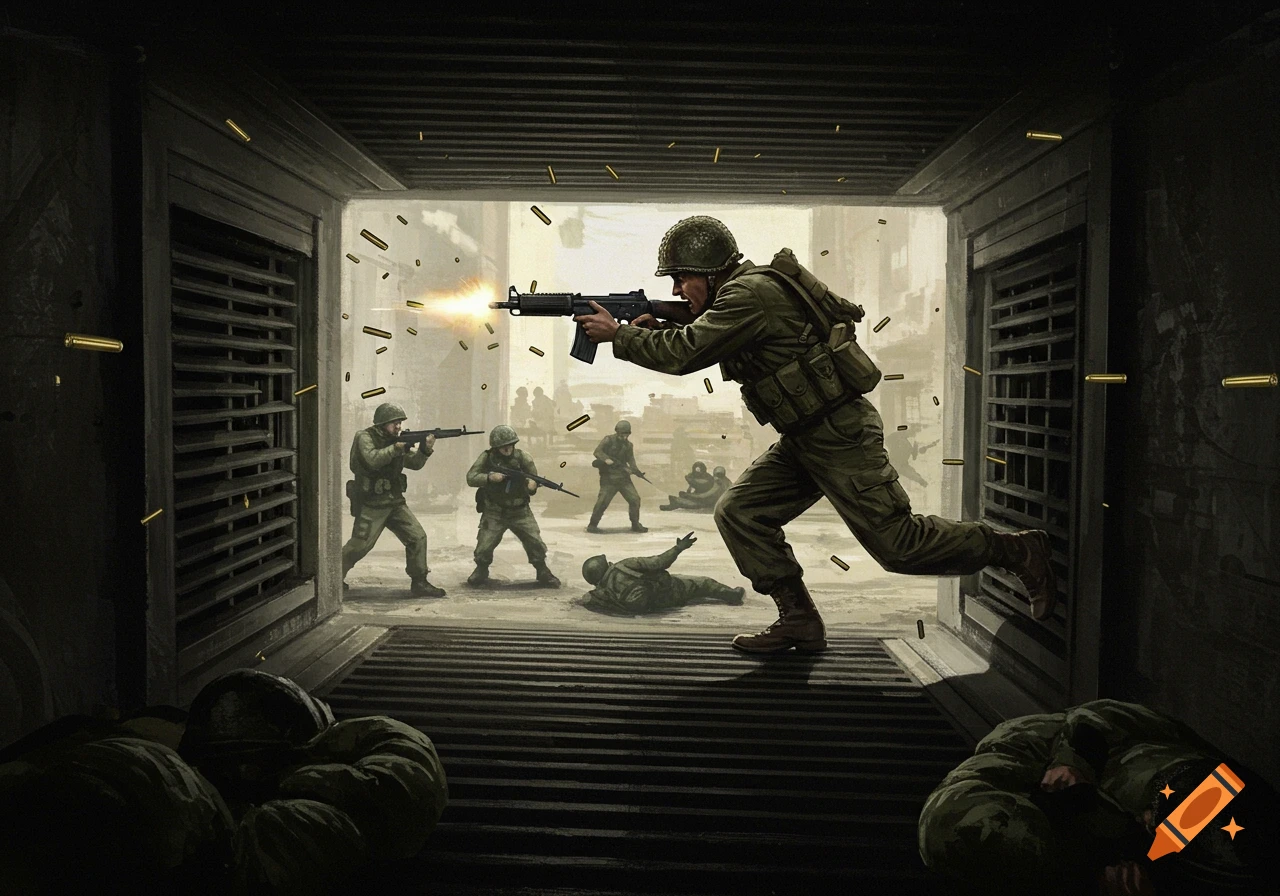 Illustration of a soldier firing a rifle and running through a doorway during combat, with other soldiers and fallen figures in the background.