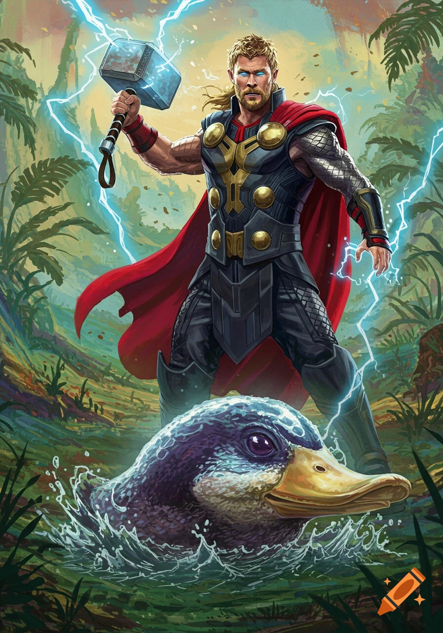 Thor stands with Mjolnir over a large duck-like creature in a jungle setting with lightning.