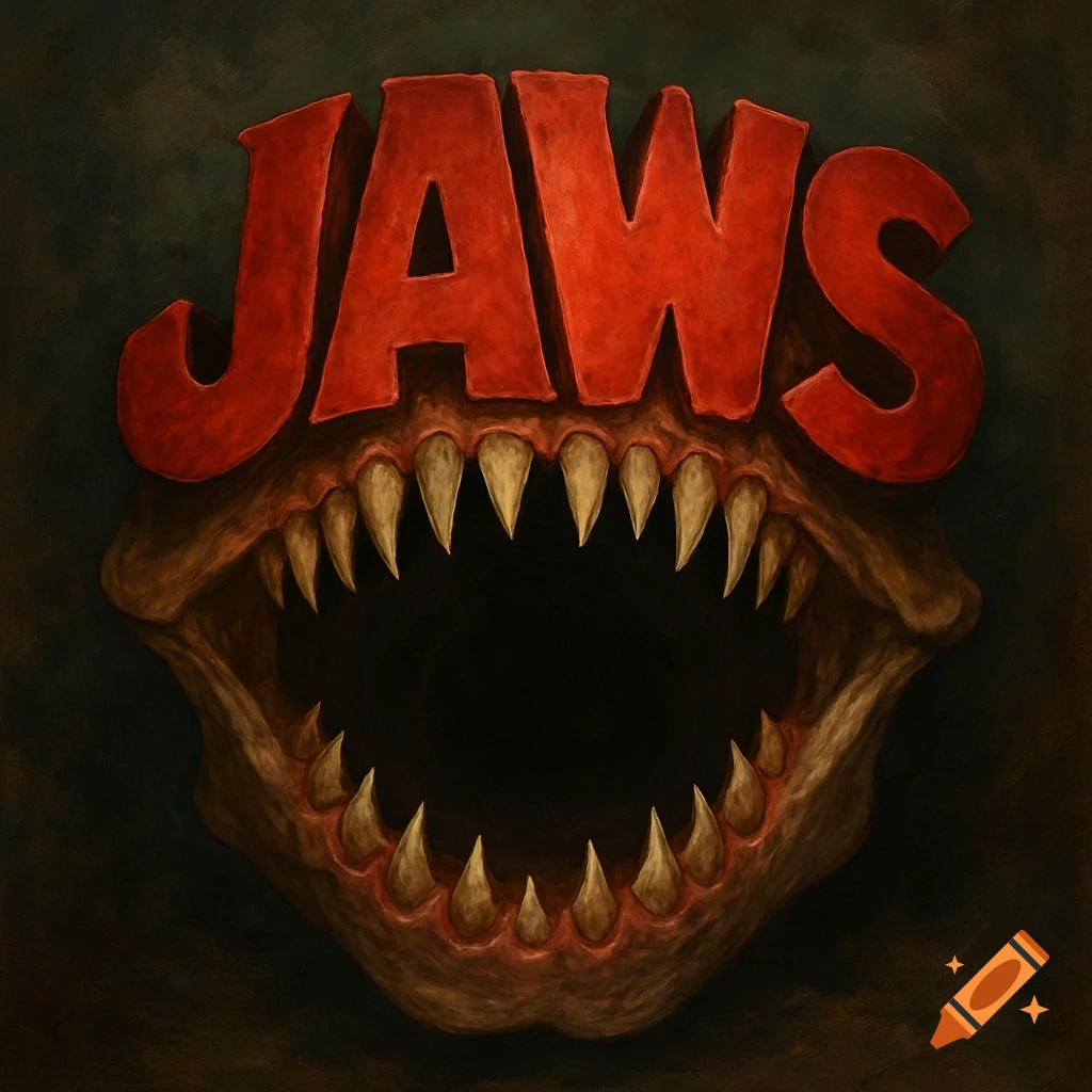 Illustrative image of a monster's open mouth with sharp teeth and the red word 'JAWS' above it.